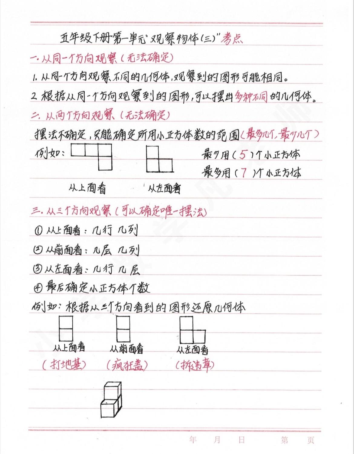 五下数学第一单元观察物体必考知识点，家长们点赞收藏起来吧