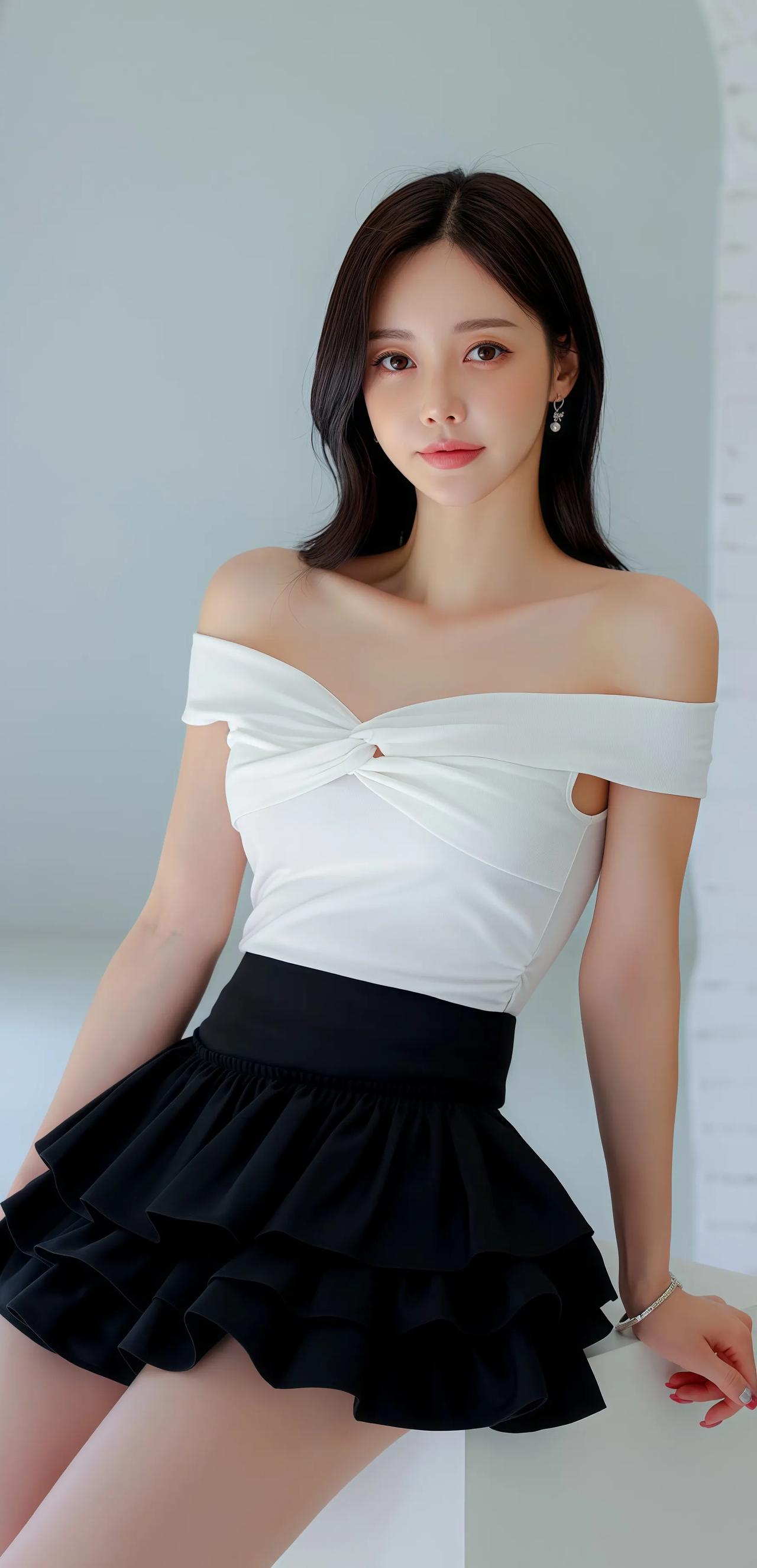 优雅甜美的少女穿搭，黑白拼接裙搭配露肩上衣，清新自然。