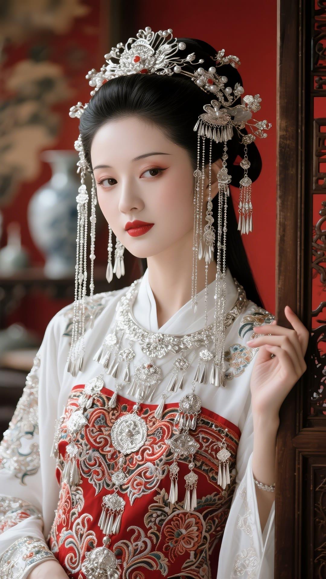 穿越时空的古典美人，红妆银饰，韵味十足。