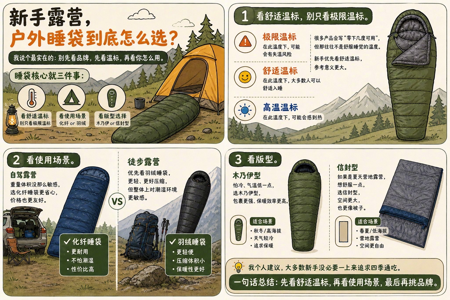 昨天聊了新手露营，那么今天再和大家说说如果非得在户外睡觉，睡袋到底怎么选？首先逻