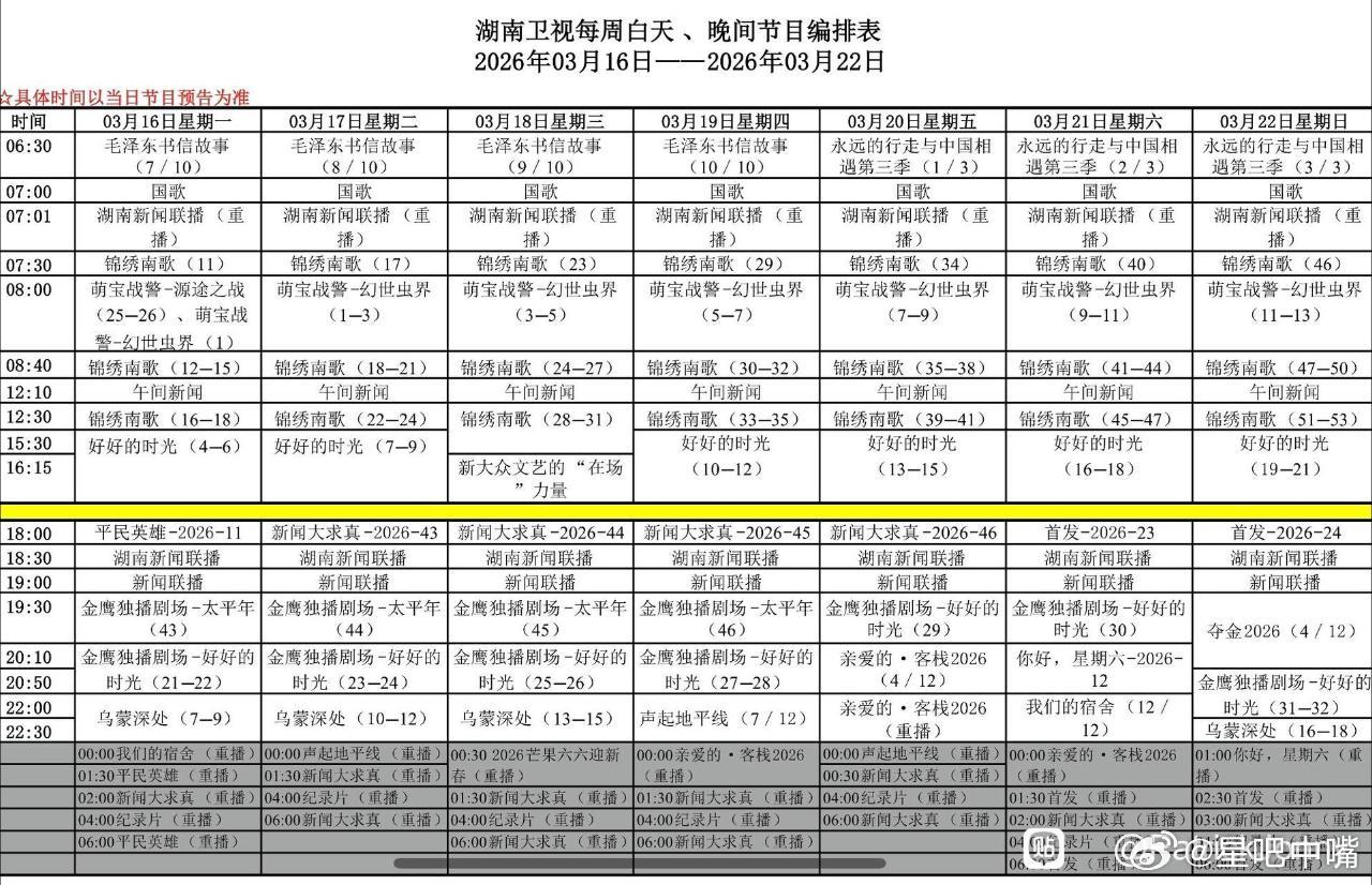 湖南卫视下周编排：上午剧场：锦绣南歌下午剧场：好好的时光金鹰剧场：太平年→好好的