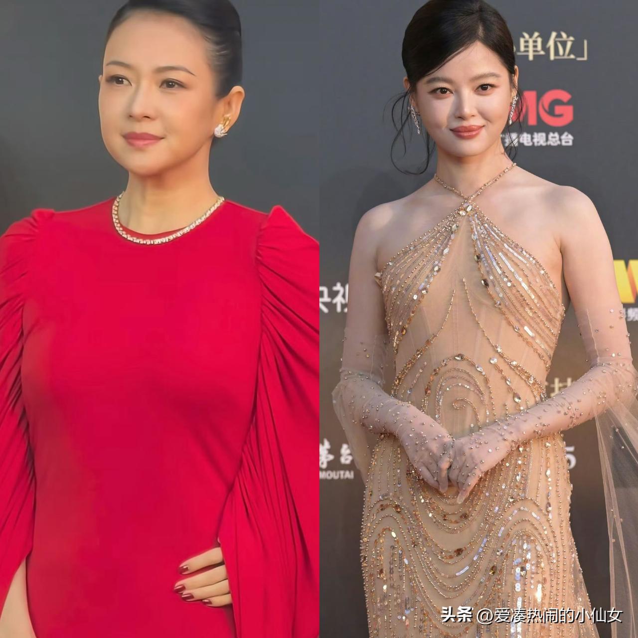 看了今晚章子怡和辛芷蕾的差距，只想说红气养人真的一点不假！
刚刚，在CMG中国电