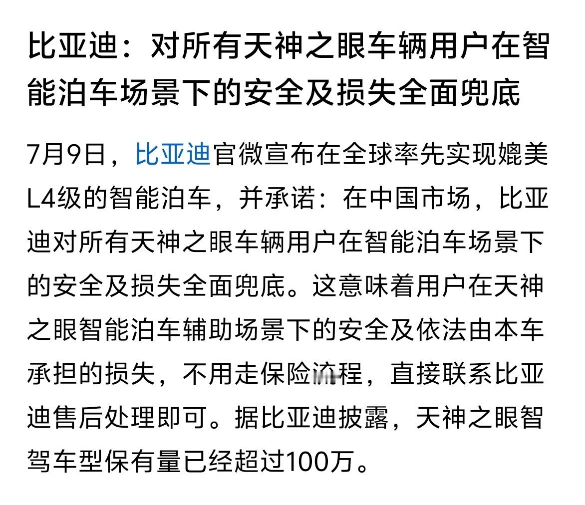 这才是真担当——比亚迪：对所有天神之眼车辆用户在智能泊车场景下的安全及损失全面兜