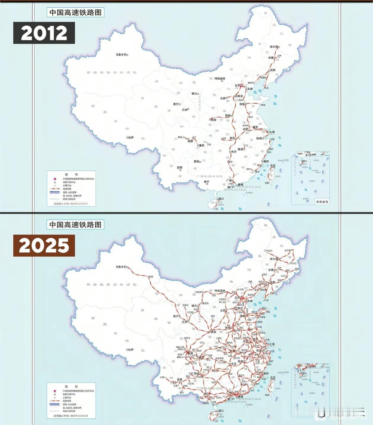中国高铁路网里程突破5万公里！
2012年，中国高铁里程约9000多公里，彼时高