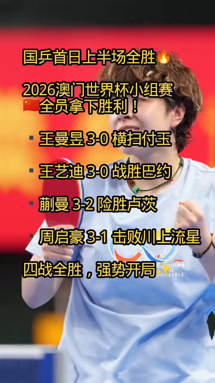 国兵首日上半场全胜，2026澳门世界杯小组赛全员拿下胜利。
王曼昱3-0横扫付玉