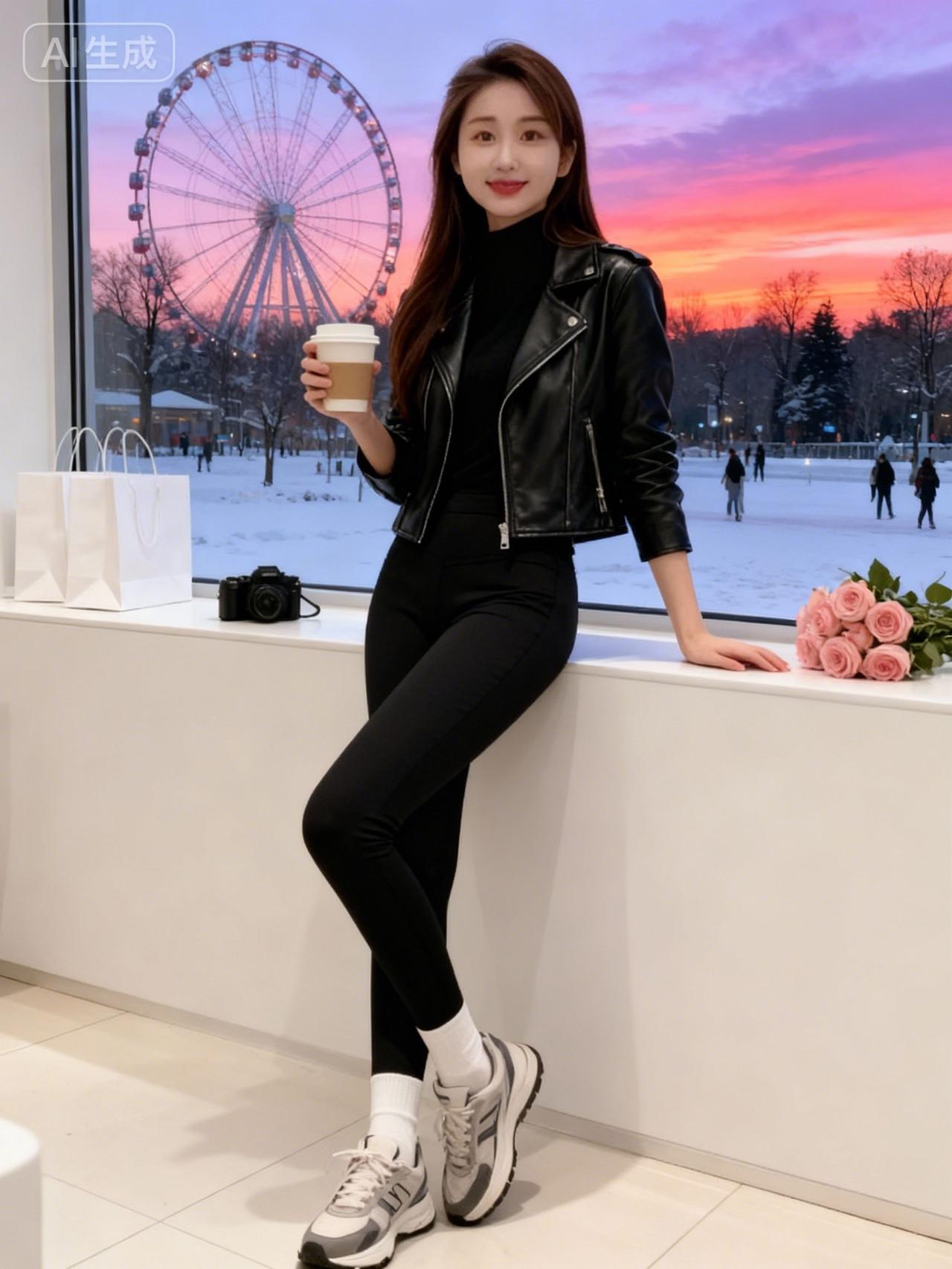 冬日暖阳下，咖啡与花相伴，城市摩天轮的浪漫时光。