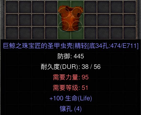 暗黑二重制版国服战网拍卖极品之血甲
血甲，全称巨鲸之珠宝匠的盔甲。由于其增加大量