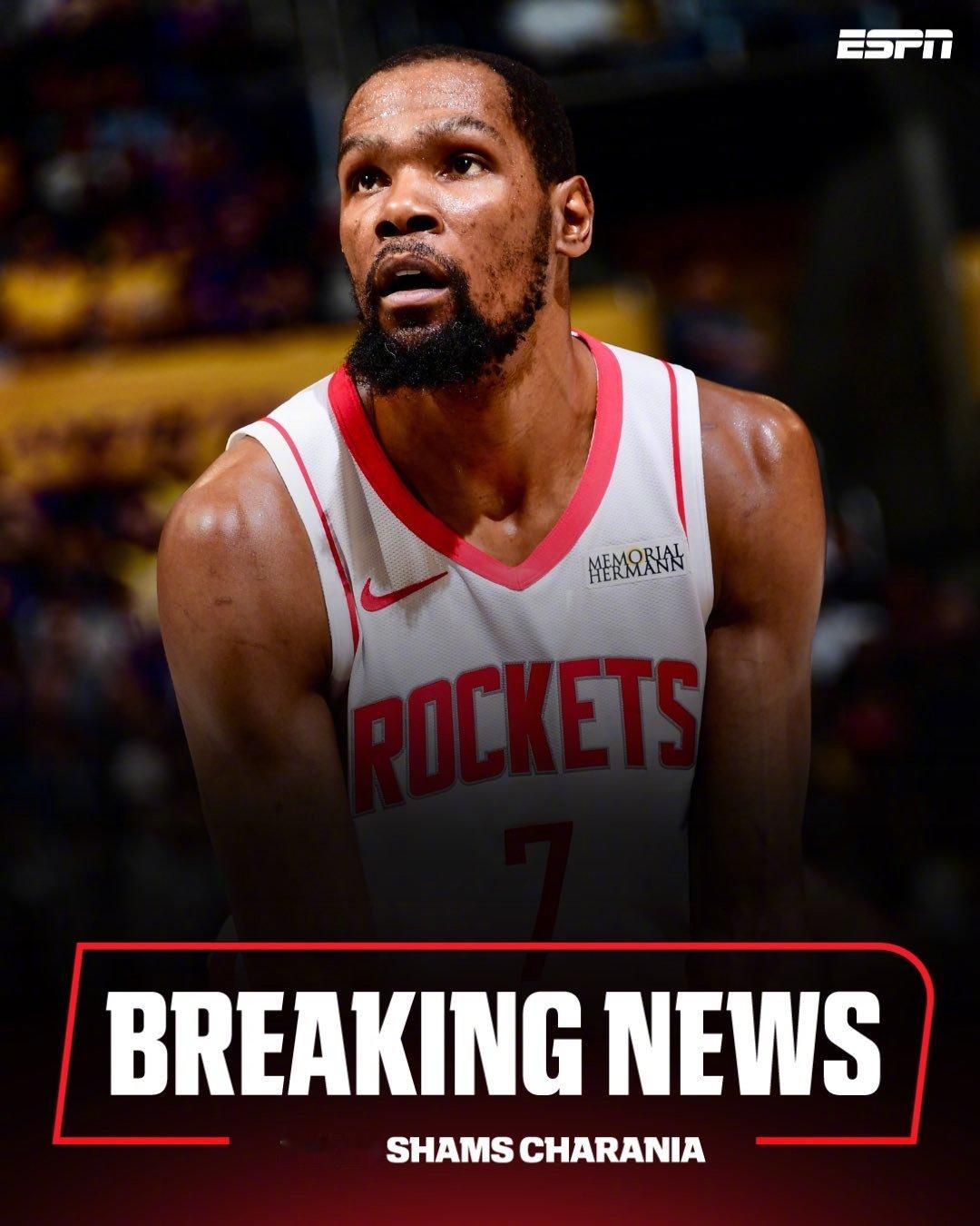 Shams报道：火箭球星凯文·杜兰特预计将缺席对阵洛杉矶湖人队的系列赛G4 。杜