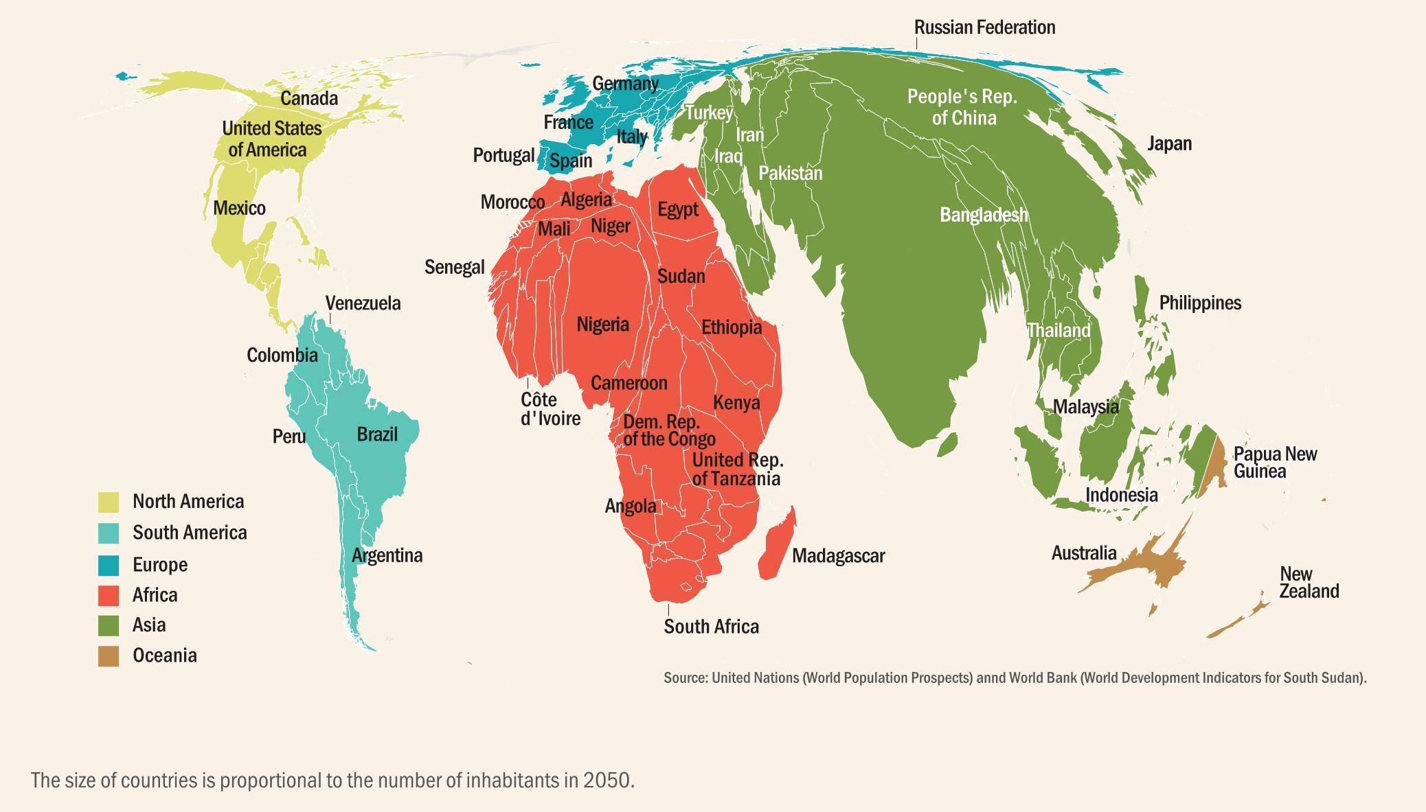 按2050年各国人口占全球比重（预估数）重绘的世界政区地图 ​​​