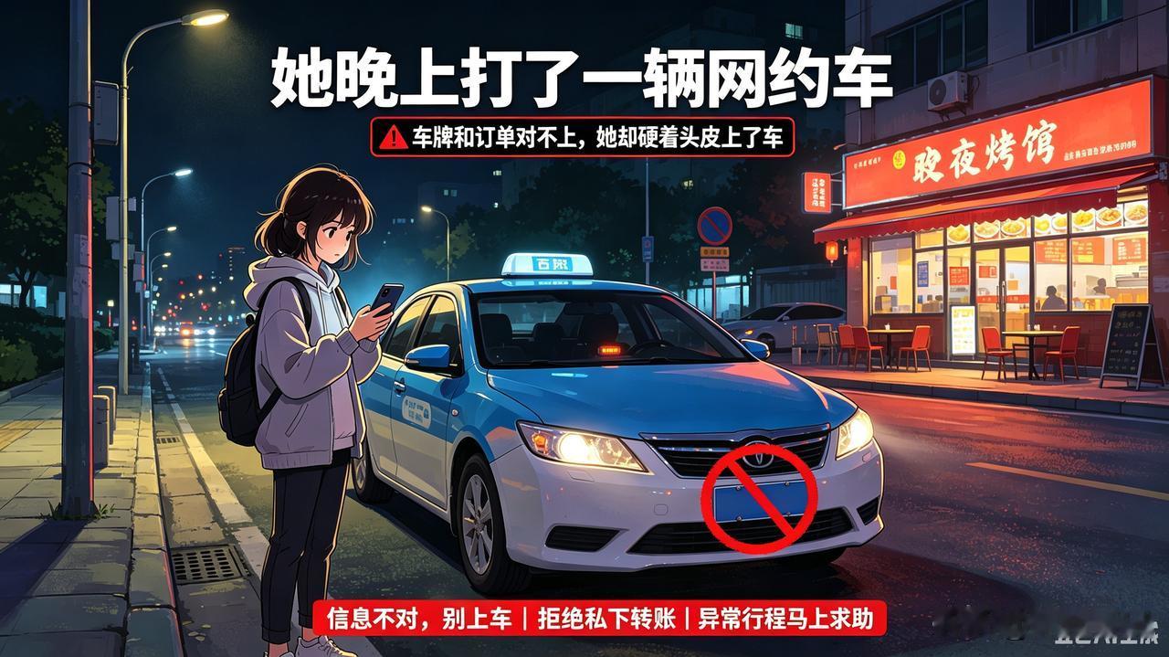 她只是晚上打了一辆网约车，
却没想到，车牌和平台订单对不上。
 
司机说：“我两