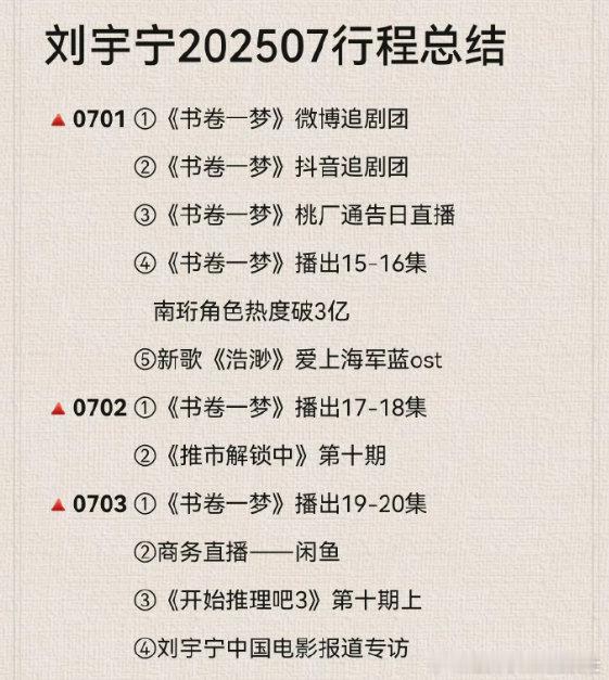 刘宇宁7月整月无休刘宇宁7月行程汇总 刘宇宁 2025 年 7 月超拼，多领域工