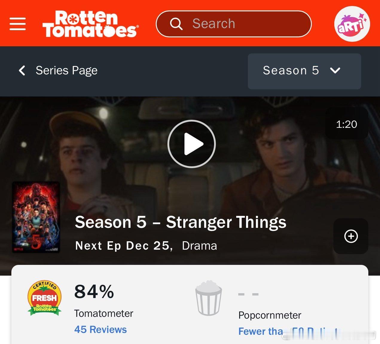 先暂停播放恭喜一下《怪奇物语5》烂番茄获得 84% 的新鲜度认证！怪奇物语5上线