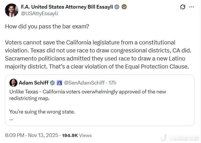 Adam Schiff表示：與德州不同，加州選民以壓倒性多數批准了新的選區劃分方