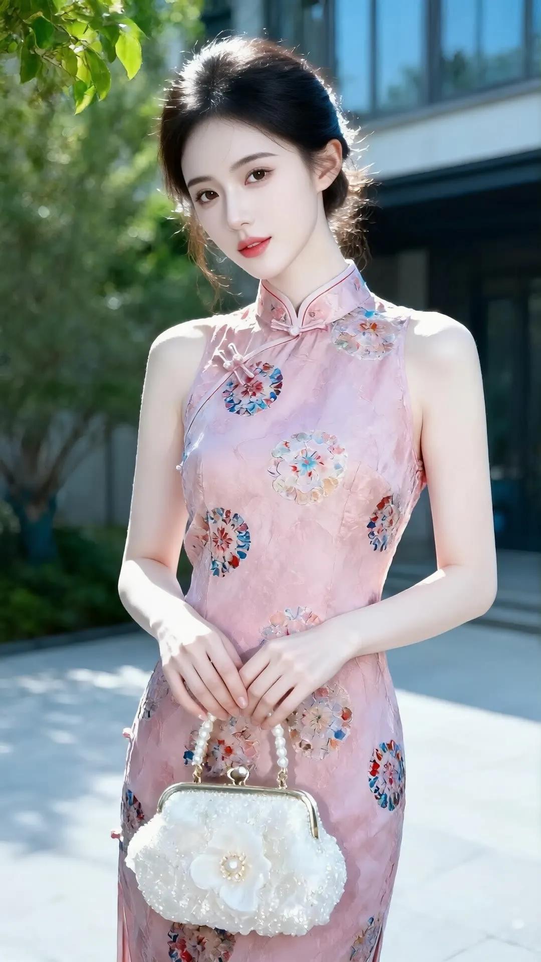 优雅旗袍，粉嫩花色，复古手包，清新自然。