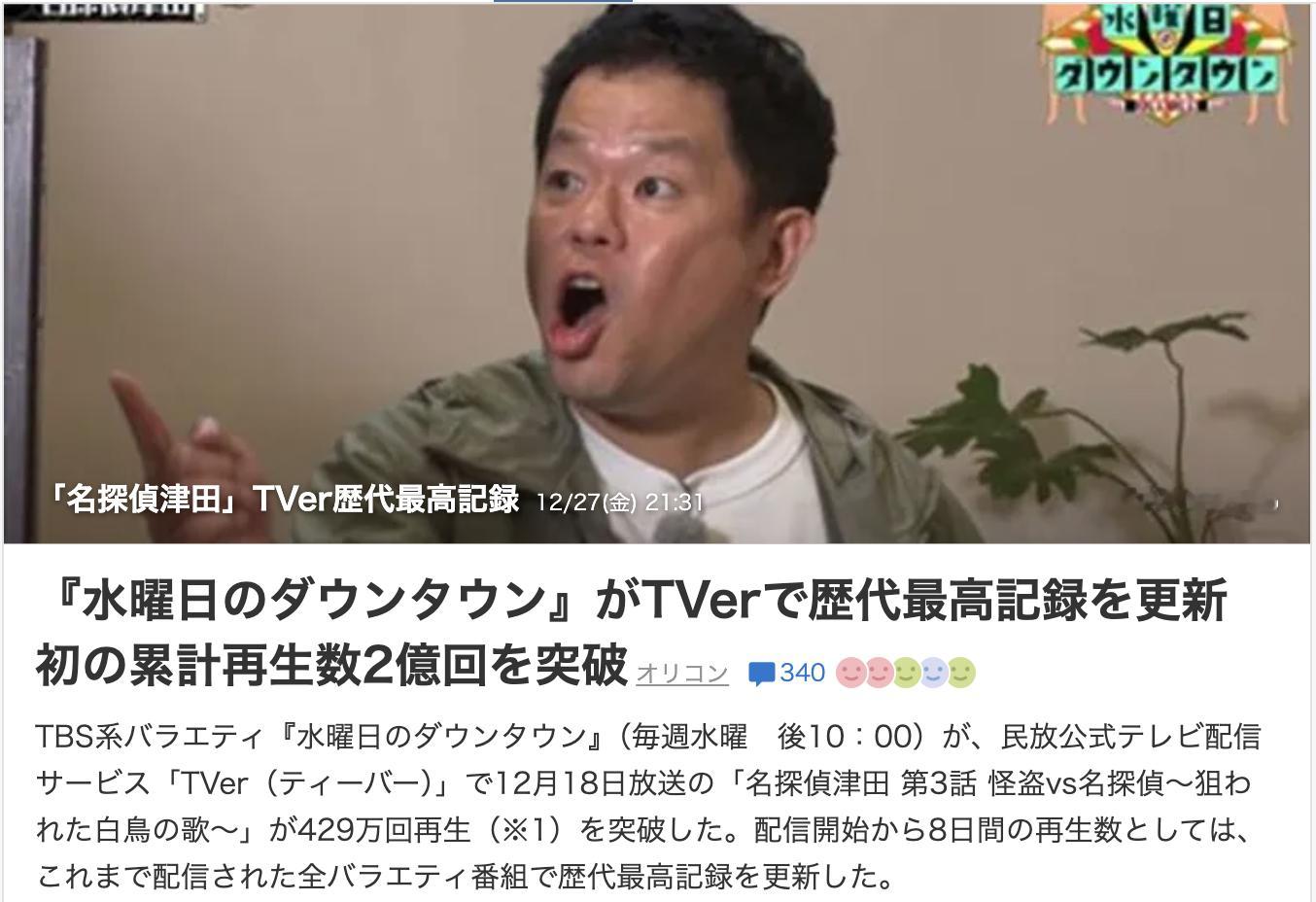 《水曜日的 Downtown》在 TVer 更新历代最高纪录 首次突破累计播放量