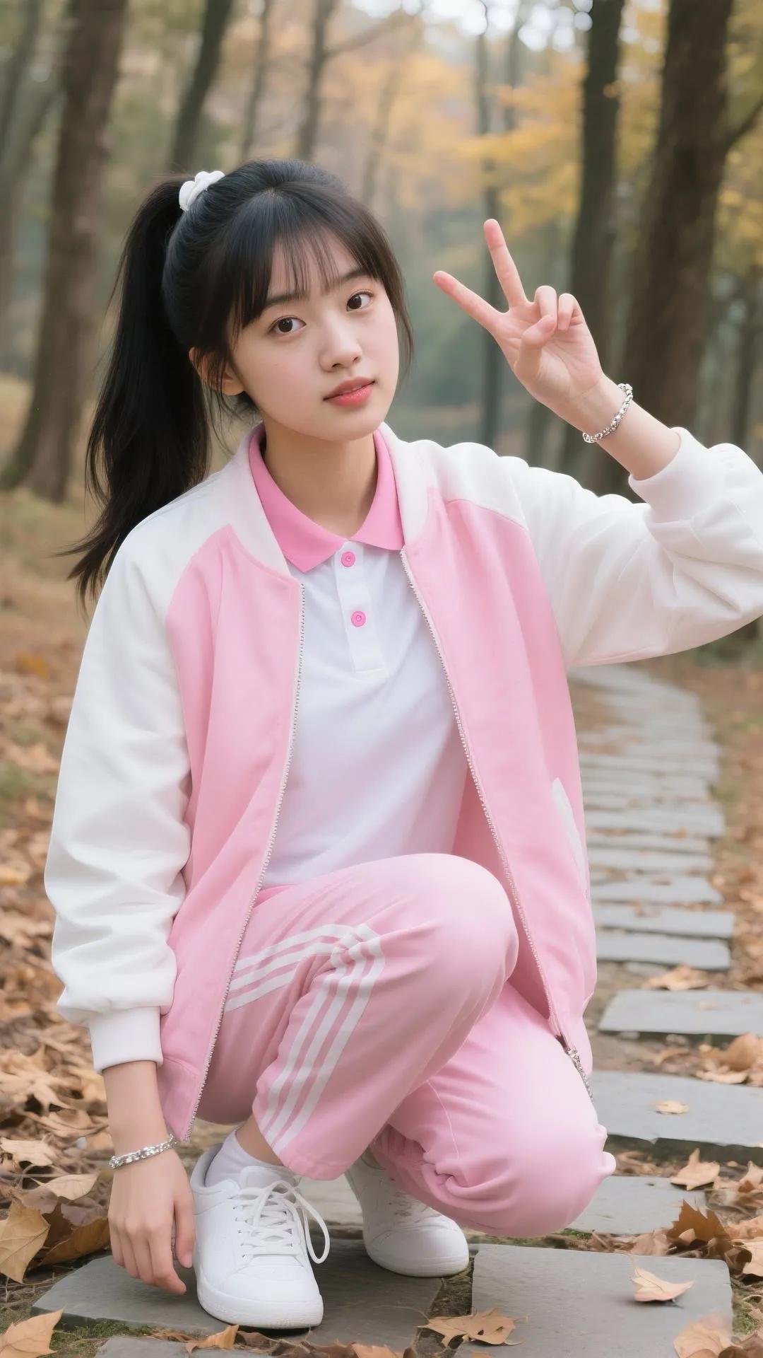 秋日森林中的少女，粉嫩穿搭，比出V字手势，元气满满！🍂💕