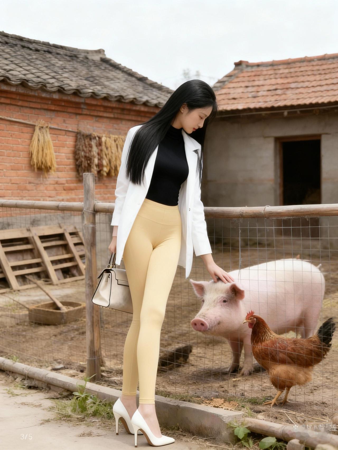 这位女士在农场里和猪鸡亲密互动。