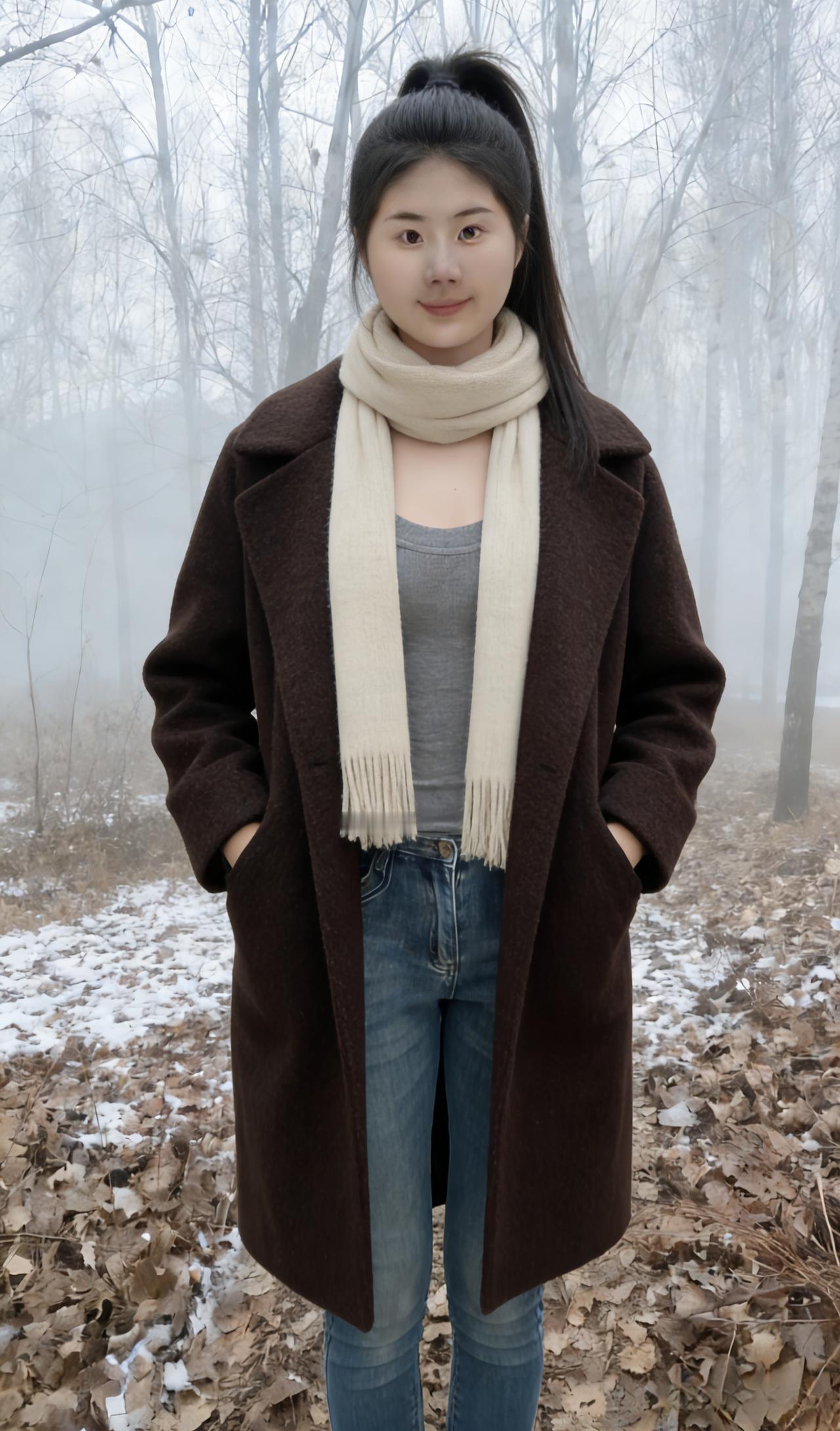 薄雾浓云锁野林，残雪疏枝覆远岑。
棕氅轻披承冷露，灰衫暗衬映寒襟。
眸含秋水凝晨