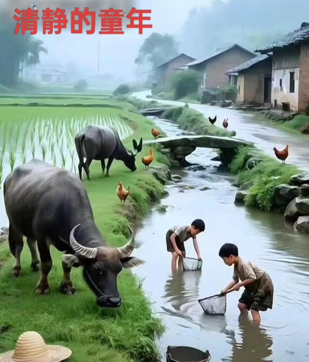 题《清静的童年》

烟笼村墟水绕田，
溪头稚子戏渔船。
牛闲草岸吞青霭，
鸡立石