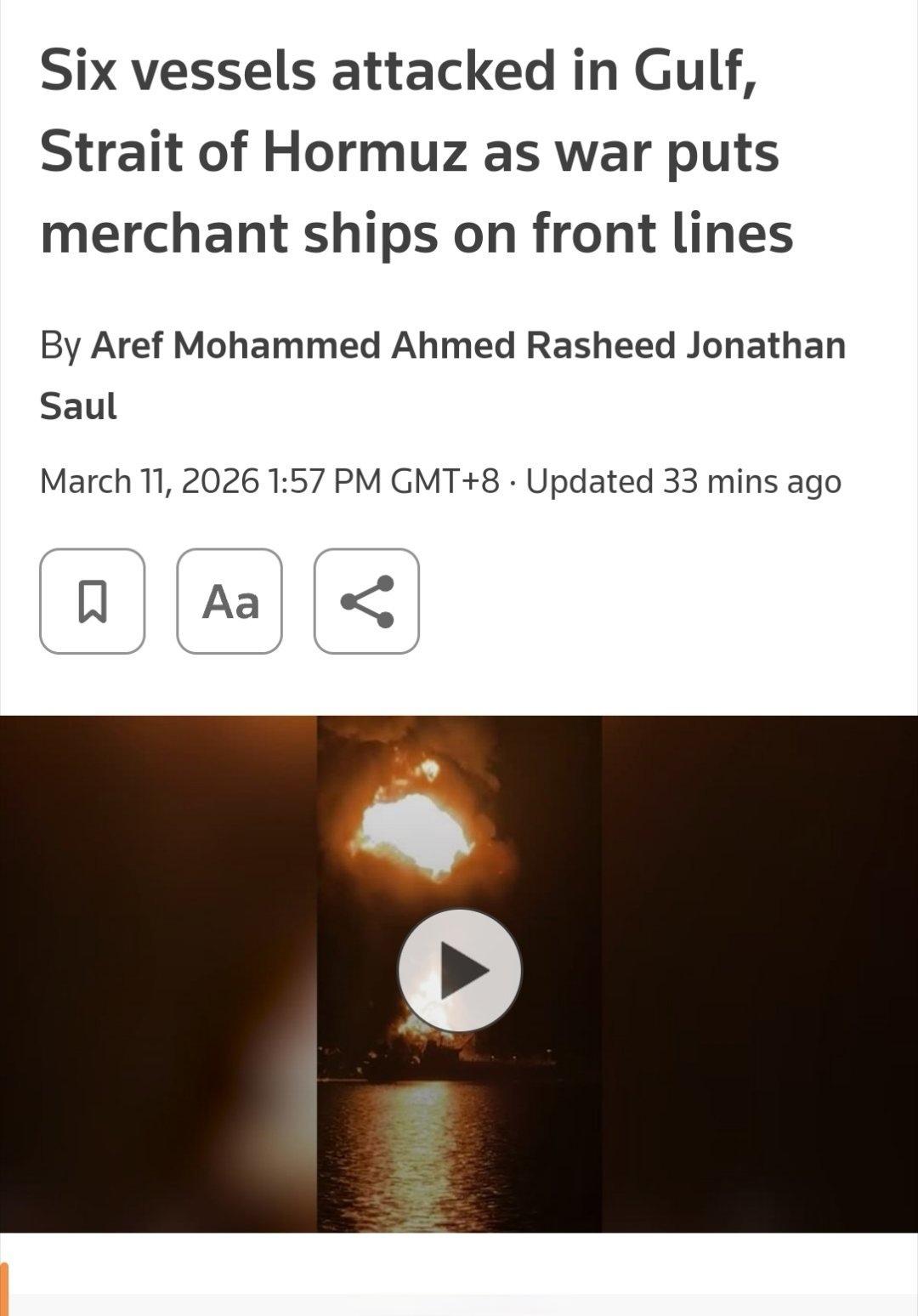 据路透社报道，3月11日晚，携带爆炸物的伊朗小船袭击了伊拉克领海内的两艘油轮并起