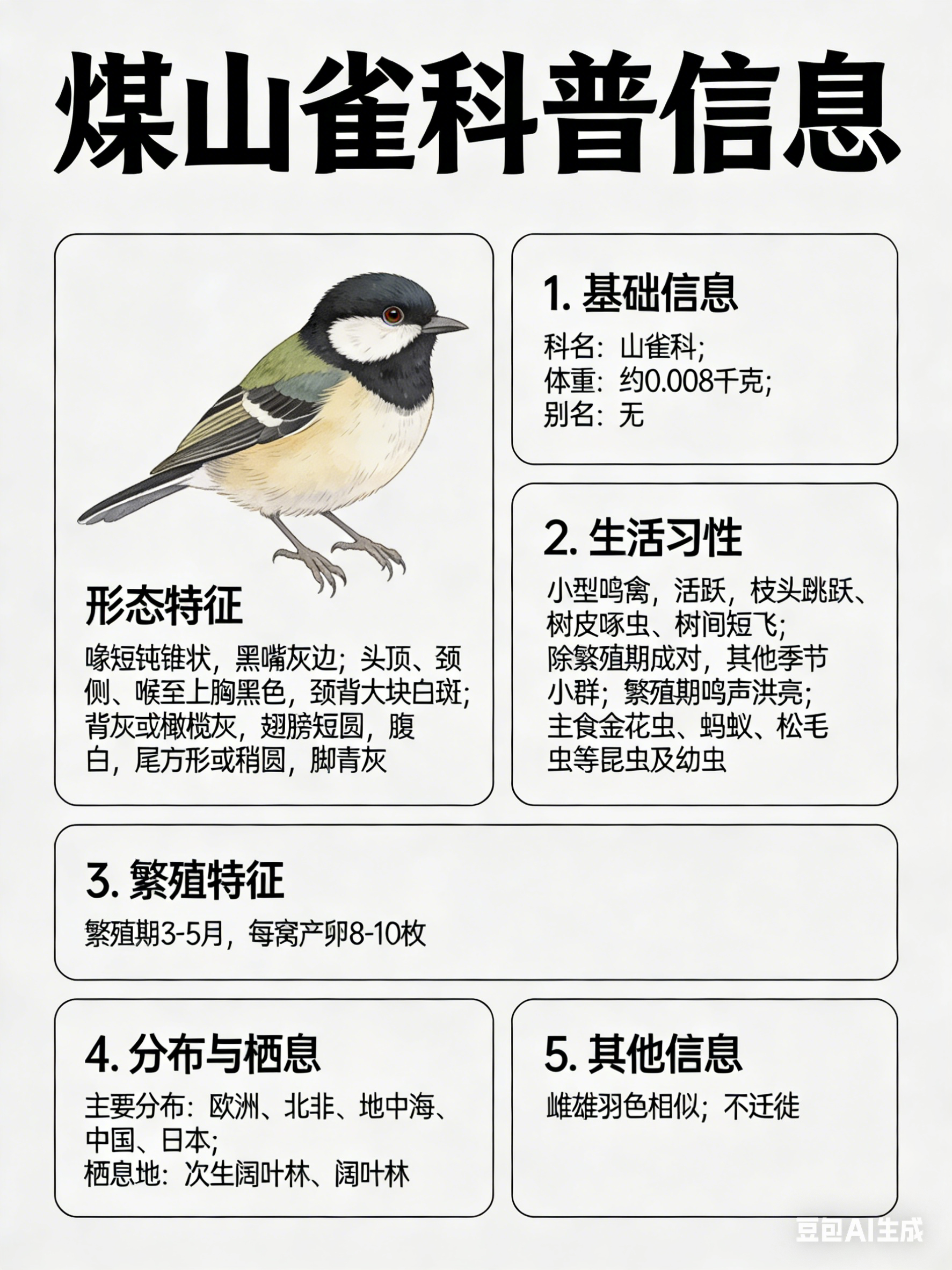 鸟类朋友图鉴 煤山雀科名：山雀科体重：约0.008千克别名：无煤山雀是小型鸣禽，