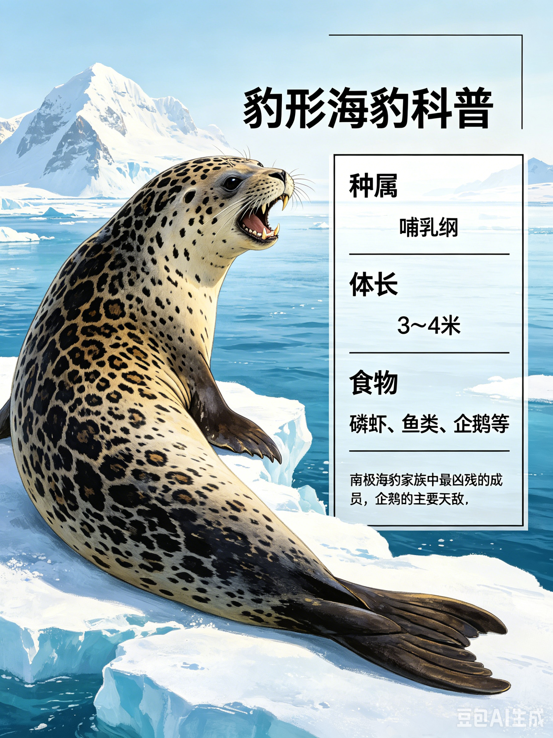 海洋朋友圈 豹形海豹海洋档案种　属：哺乳纲体　长：3～4米食　物：磷虾、鱼类、企