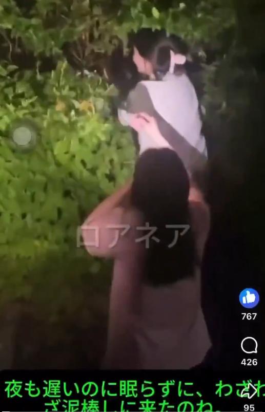 五名年轻女性（越南籍务工人员）在日本利用手电筒从树上偷摘樱桃的过程；这段视频由她