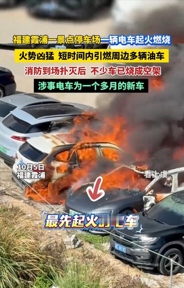 要换车的赶紧停电车旁，这不国庆有一辆电车停在景区停车场，没想到自燃了，烧了周边好