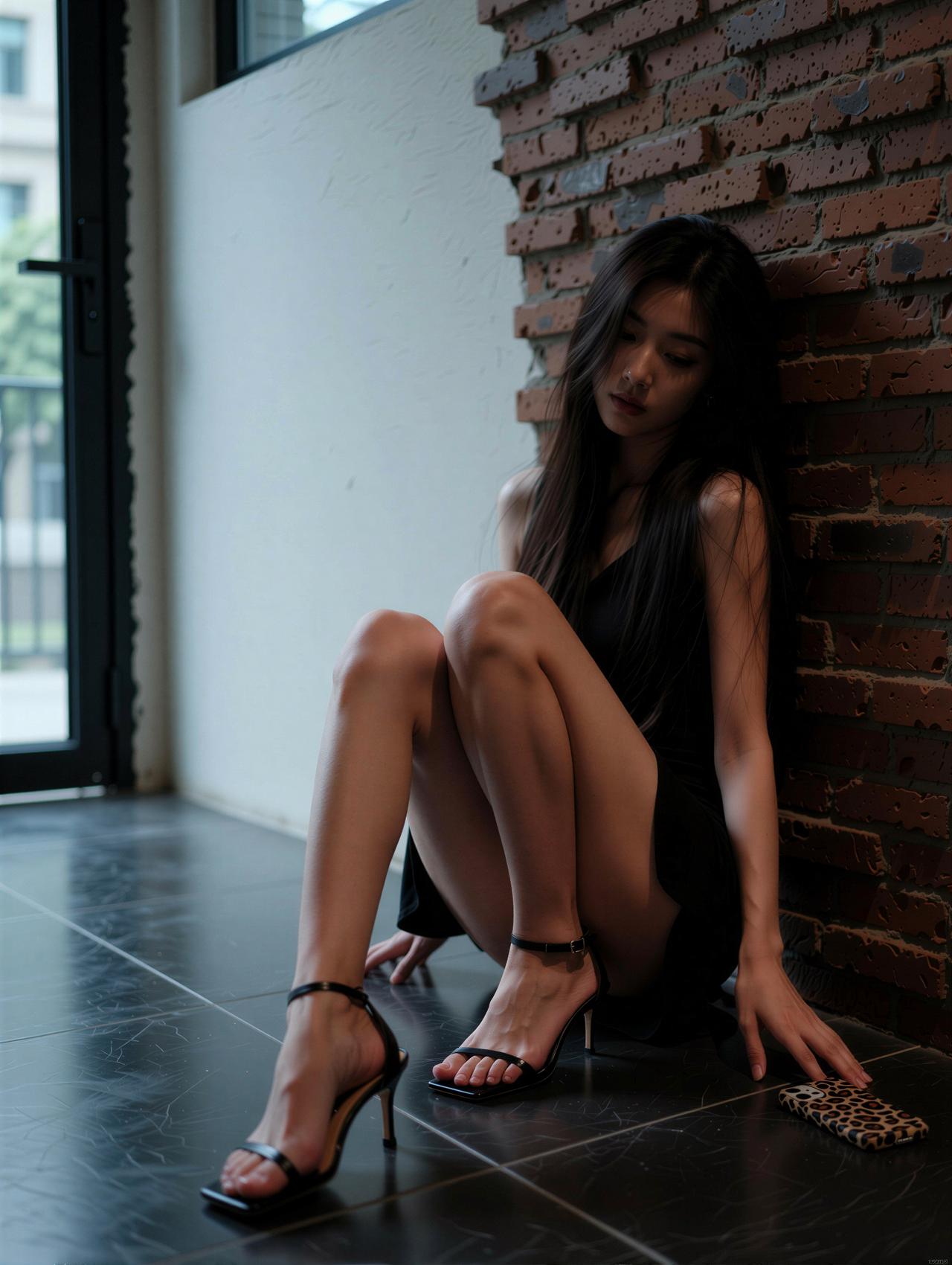 砖墙浸在软光里，黑裙裹着轻倚的肩。长发垂落时，鞋跟叩过冷瓷砖的凉，指尖挨着地面，