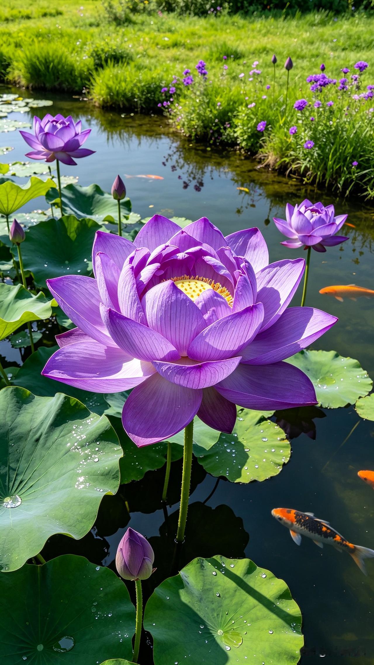 紫气东来，花影摇波，素葩凌风，金盏承露，粉黛含羞，朱颜照水，一池三色，各生欢喜…