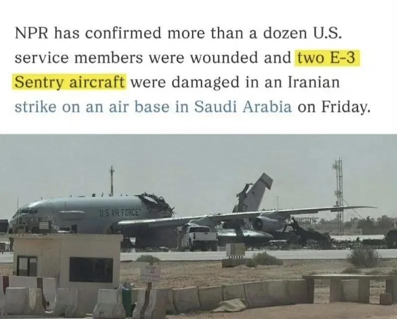 好家伙，美军被伊朗摧毁的E-3G预警机不是1架，而是2架。
美国全国公共广播电台