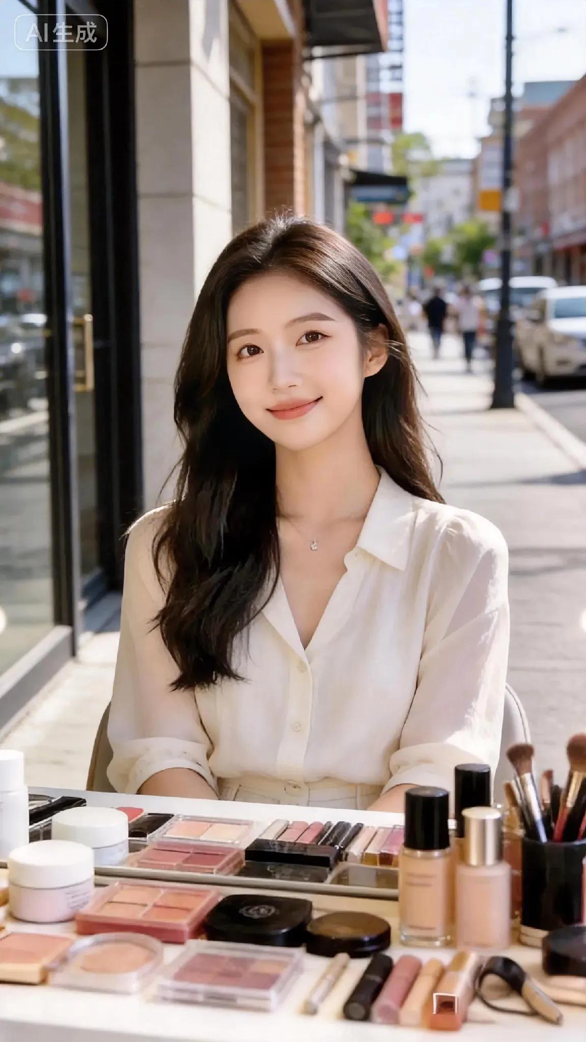 阳光正好的街角，温柔的风拂过发梢。
一袭干净的白衬衫，衬得眉眼清润柔和。
面前摊