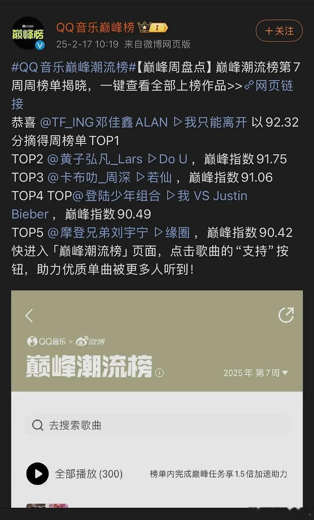 恭喜邓佳鑫！《我只能离开》以92.32分摘得周榜单第一☝️牛牛哒！🏆 