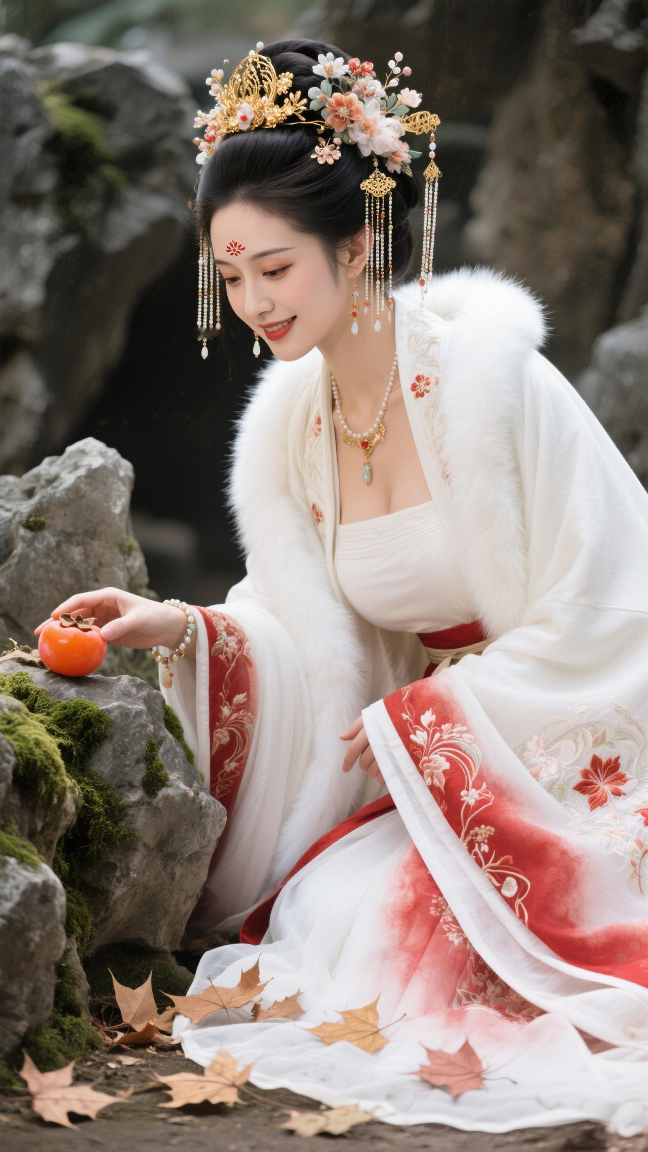 鹧鸪天·柿下惊秋
云鬓金钗缀玉柔，白裘香裹一痕羞。
霜阶石冷苔侵袖，秋柿红温指触