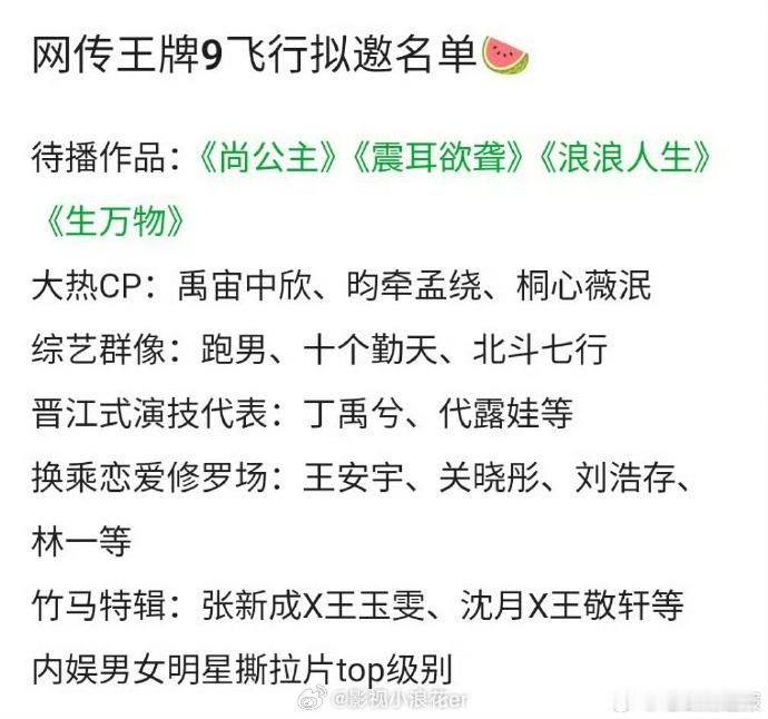 网传《王牌 9》拟邀嘉宾里，关晓彤、宋亚轩继续常驻，沈腾、贾玲惊喜回归，众多明星