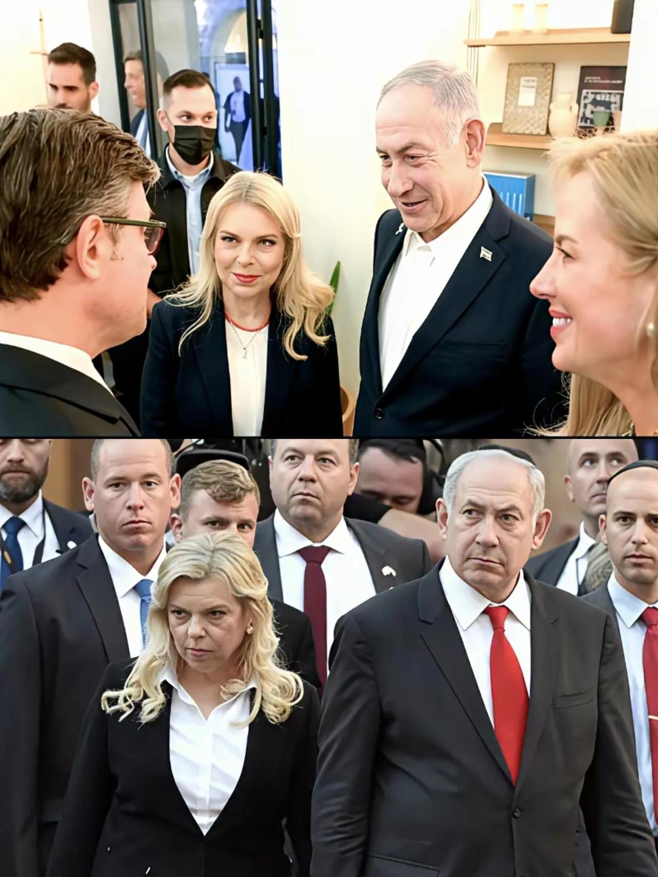 原来情绪真的是可以传染的。
     上图中的内塔尼亚胡笑容满面，他的妻子萨拉同