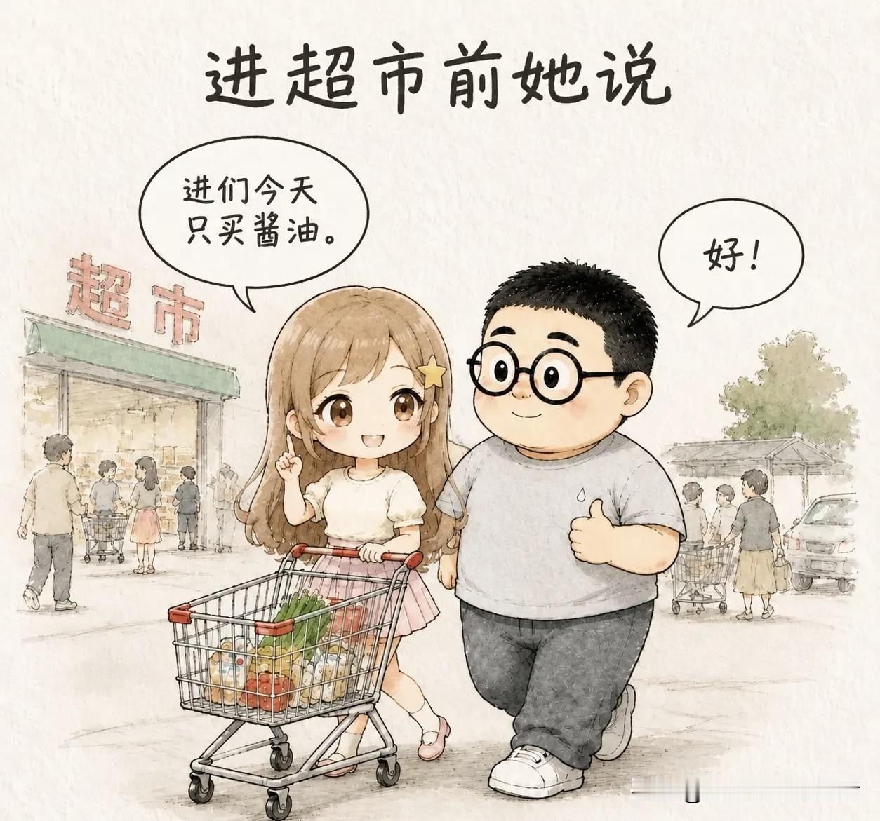推荐好漫画：进超市前她说：我们只买瓶酱油。出超市时，购物车里堆了两袋大米、四包纸