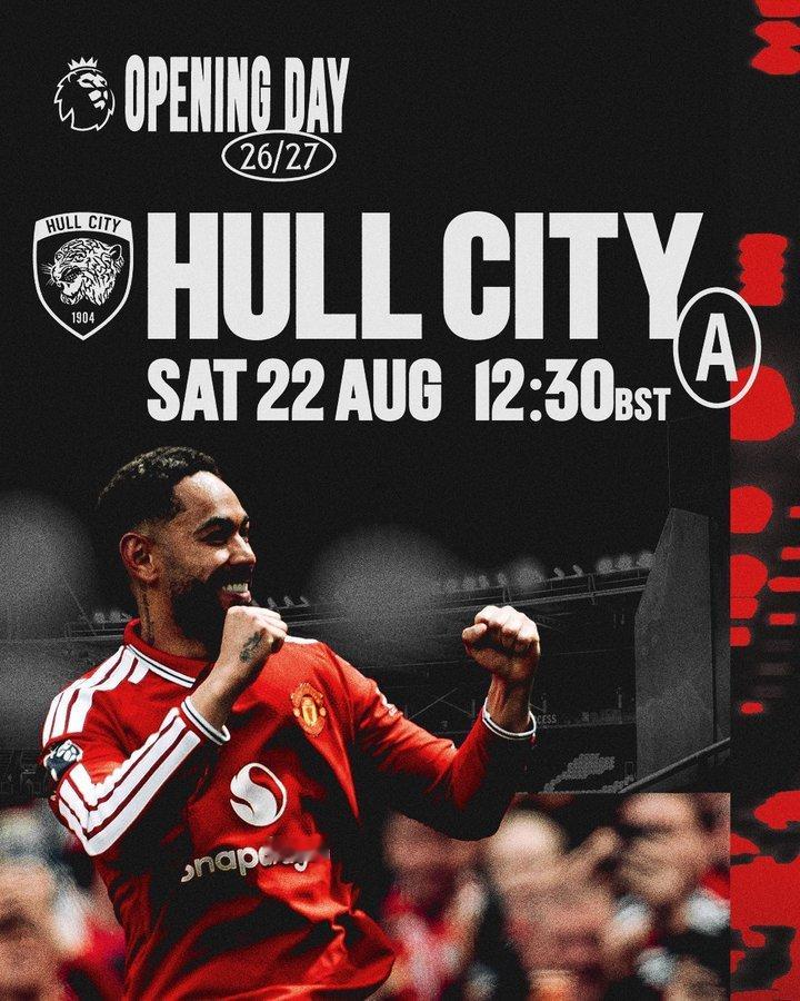 官方：曼联26/27赛季英超联赛赛程August- Hull City (A)-