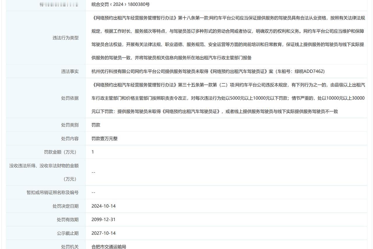 【曹操出行（合肥）被罚1万元】近日，杭州优行科技有限公司因网约车平台公司提供服务