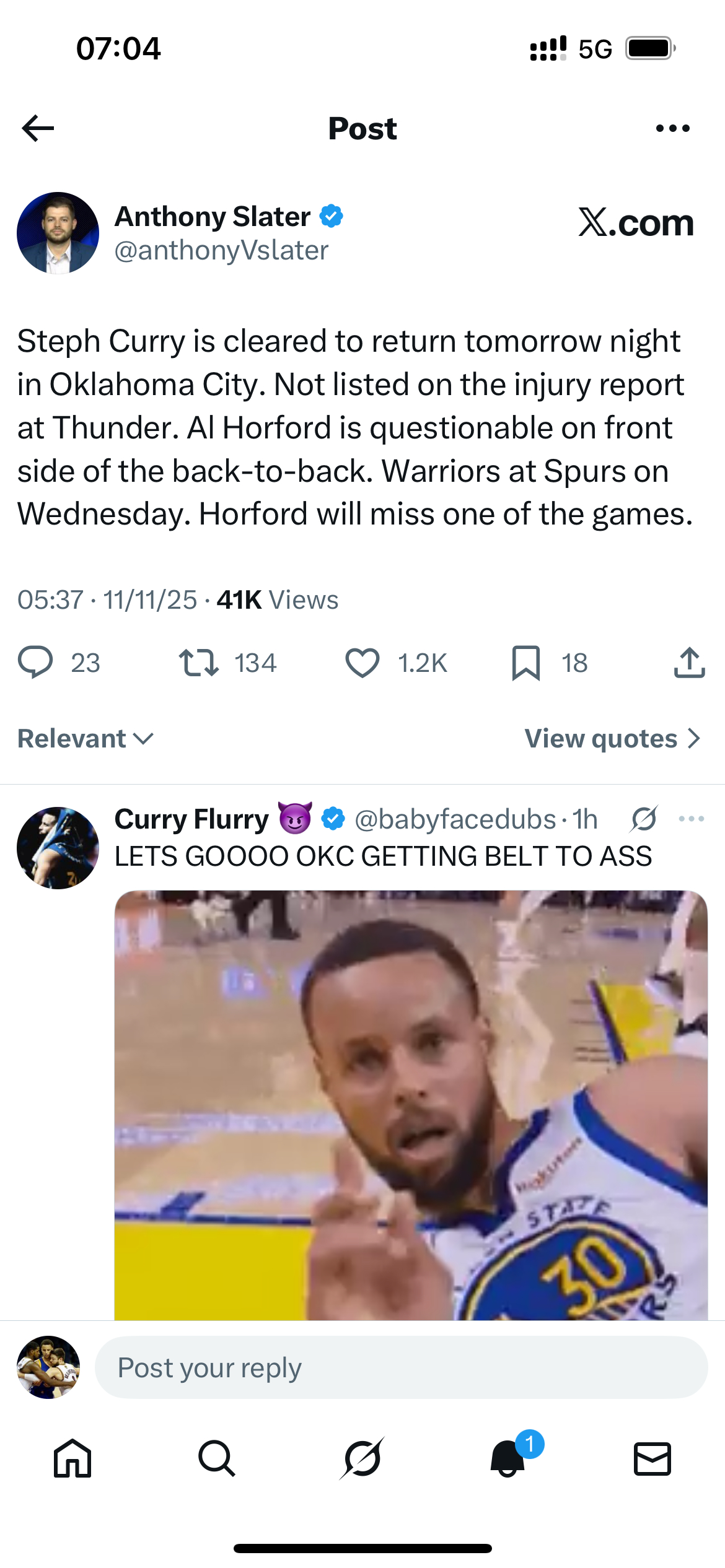 库里明天对阵雷霆的比赛可以回归，霍福德出战成疑金州勇士 ​​​