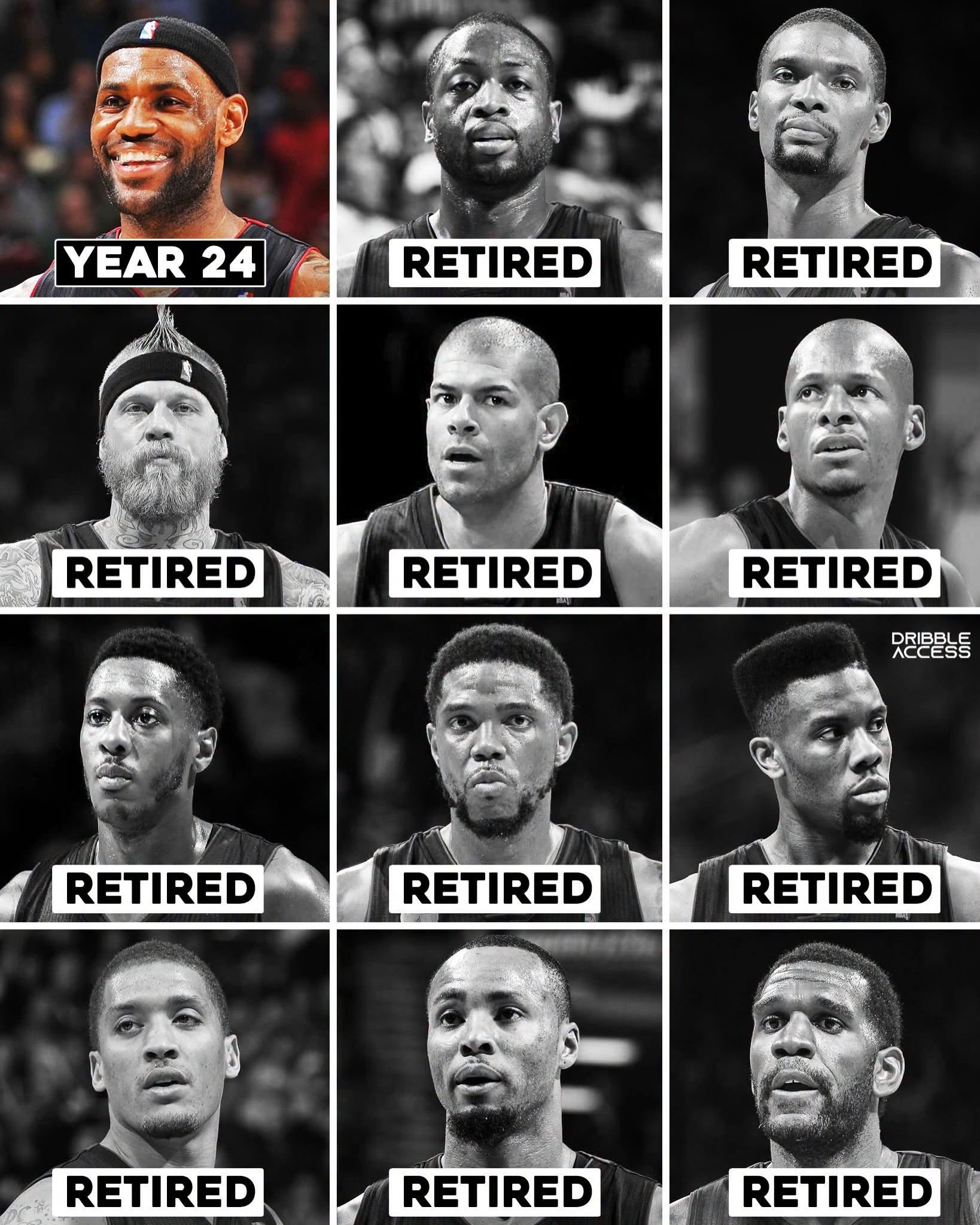 2013-14赛季的热火阵容中，只有詹姆斯还在打NBA，其余都已从联盟退役，个别