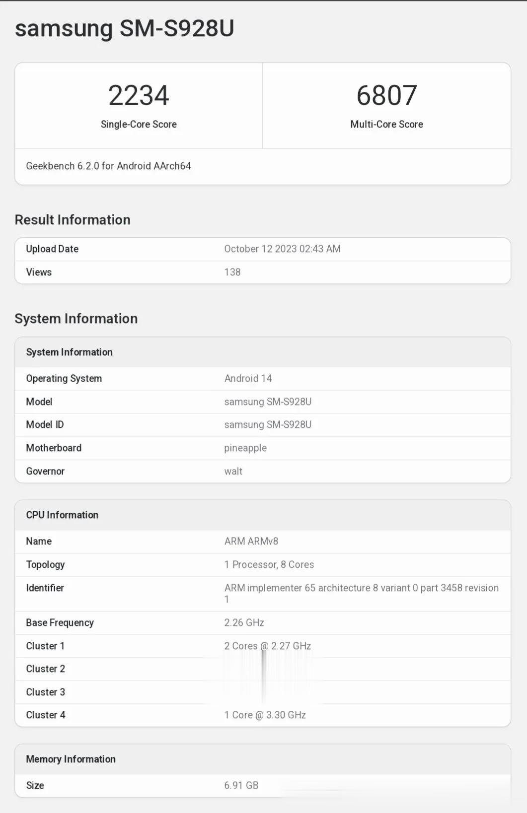 三星Galaxy S24 Ultra(型号：SM-S928U)搭载骁龙 8 Ge