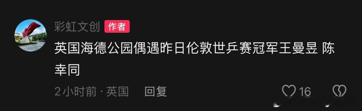 英国海德公园偶遇昨日伦敦世乒赛冠军王曼昱 陈幸同 （📷彩虹文创） 