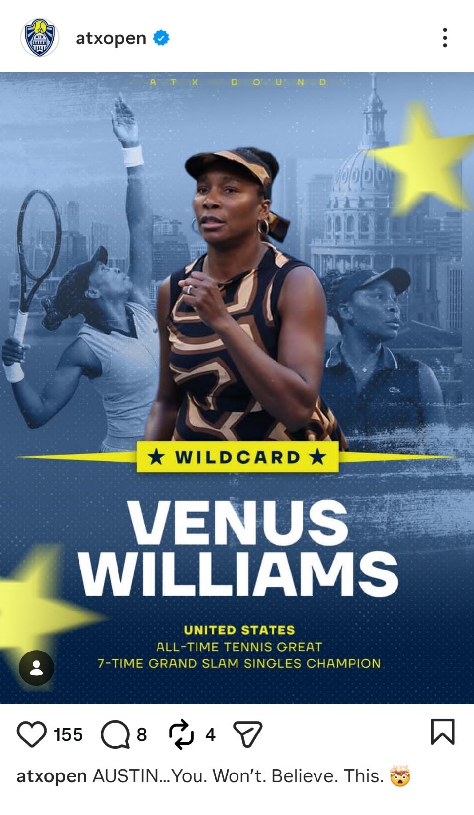 大威收获奥斯汀站外卡🎙这项WTA250级别赛事将在2月23日至3月1日进行，佩