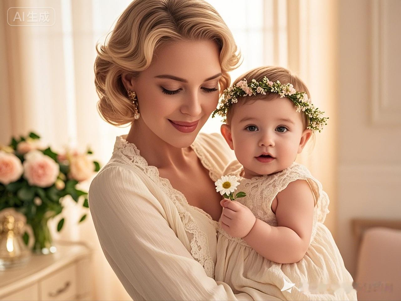 母女温馨时刻，花环点缀的甜美瞬间！