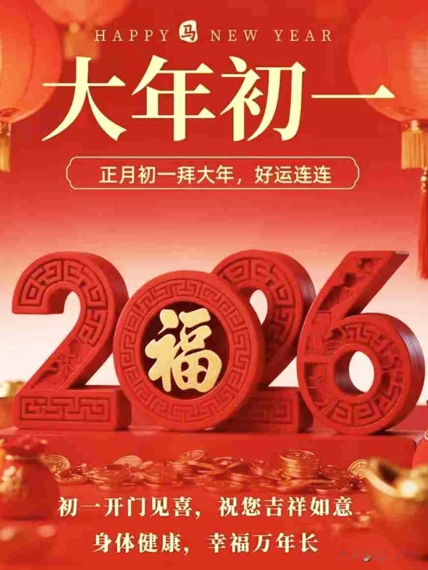[爆竹]初一开门见喜，
[福]好运福运连连！

辞旧迎新马年到，
金马贺岁，福满