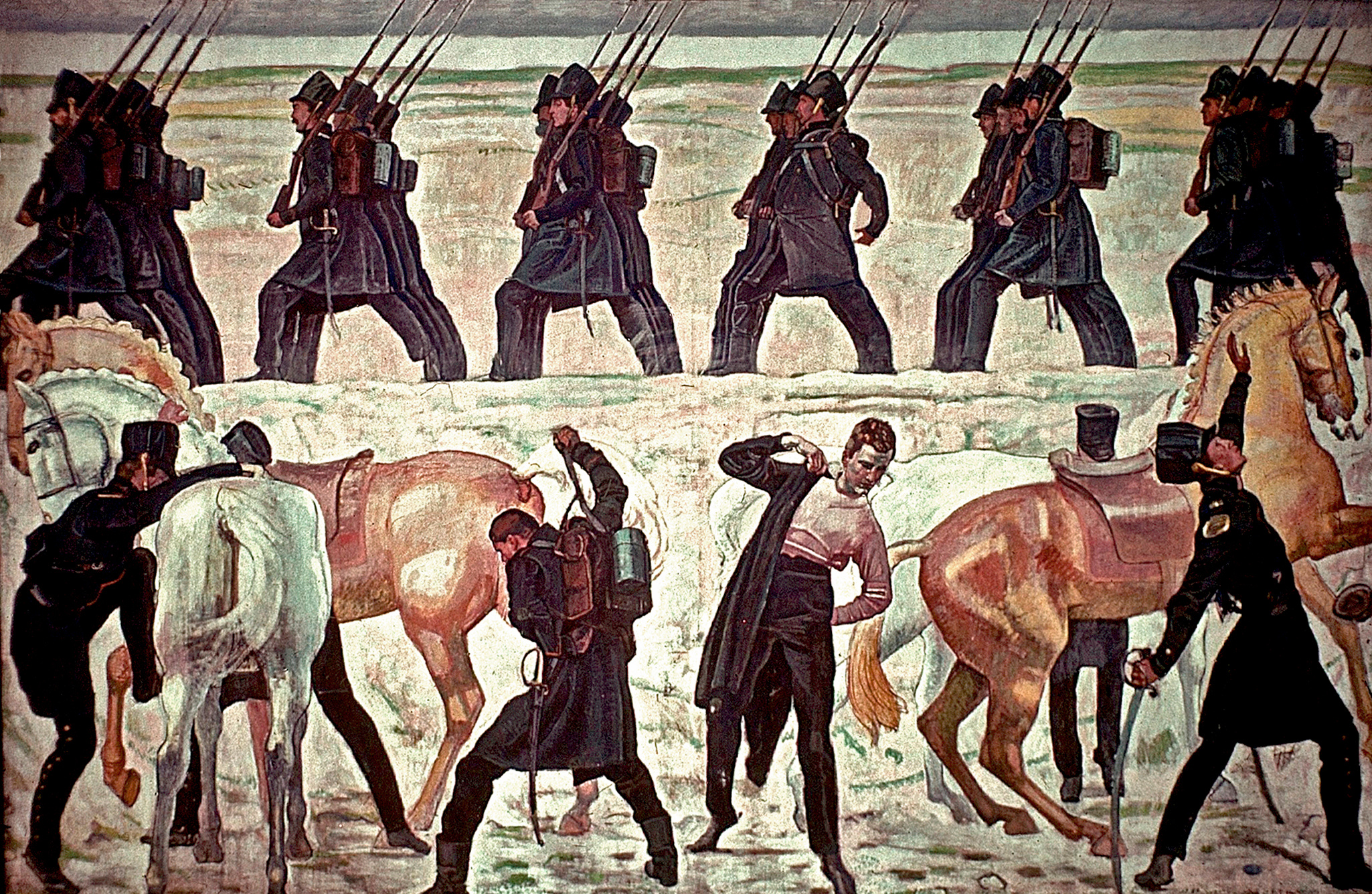 *霍德勒这幅画描绘的是1813年，耶拿大学的学生加入反抗拿破仑的解放战争、准备奔