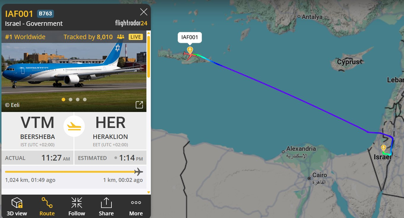 内塔尼亚胡的“锡安之翼”专机抵达克里特岛。虽然当地媒体称是训练，但是前两次以色列