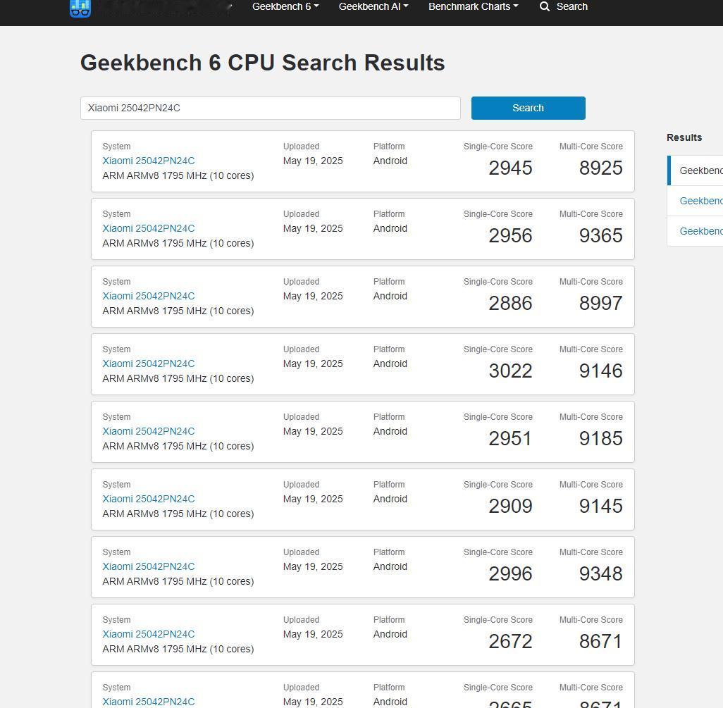在Geekbench 6的数据库中，已经有大量小米玄截O1的跑分了，估计都是评测