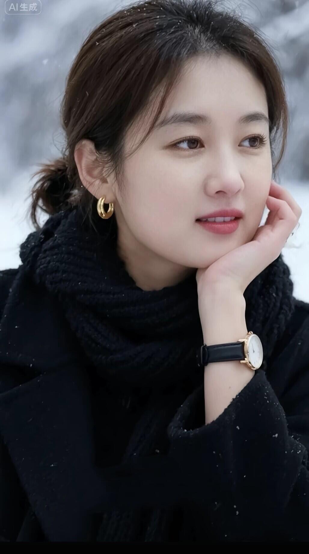 冬日暖阳下，优雅黑衣少女，静享时光。